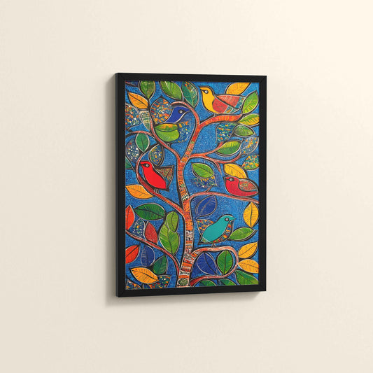 Side View of Birds in a Tree – Decorative Madhubani Art Wall Frame in Black Color Frame