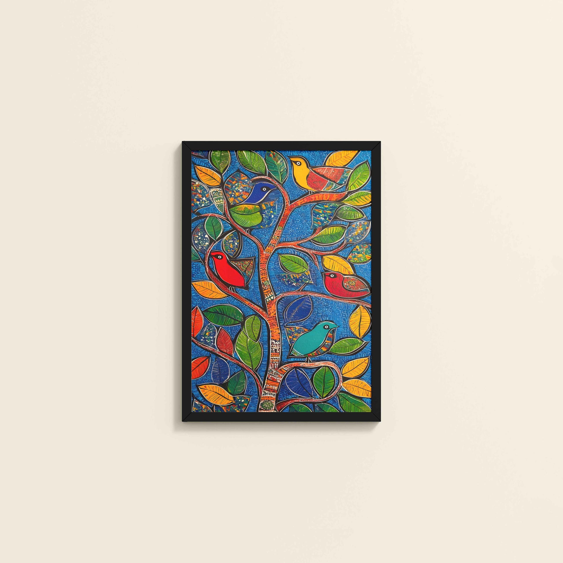 Wall View of Birds in a Tree – Decorative Madhubani Art Wall Frame in Black Color Frame