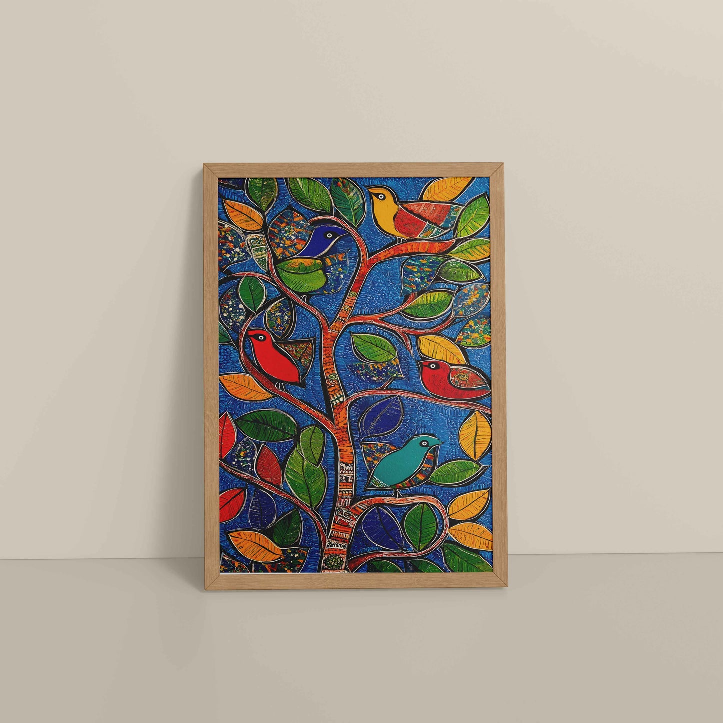 Floor View of Birds in a Tree – Decorative Madhubani Art Wall Frame in Natrual Color Frame