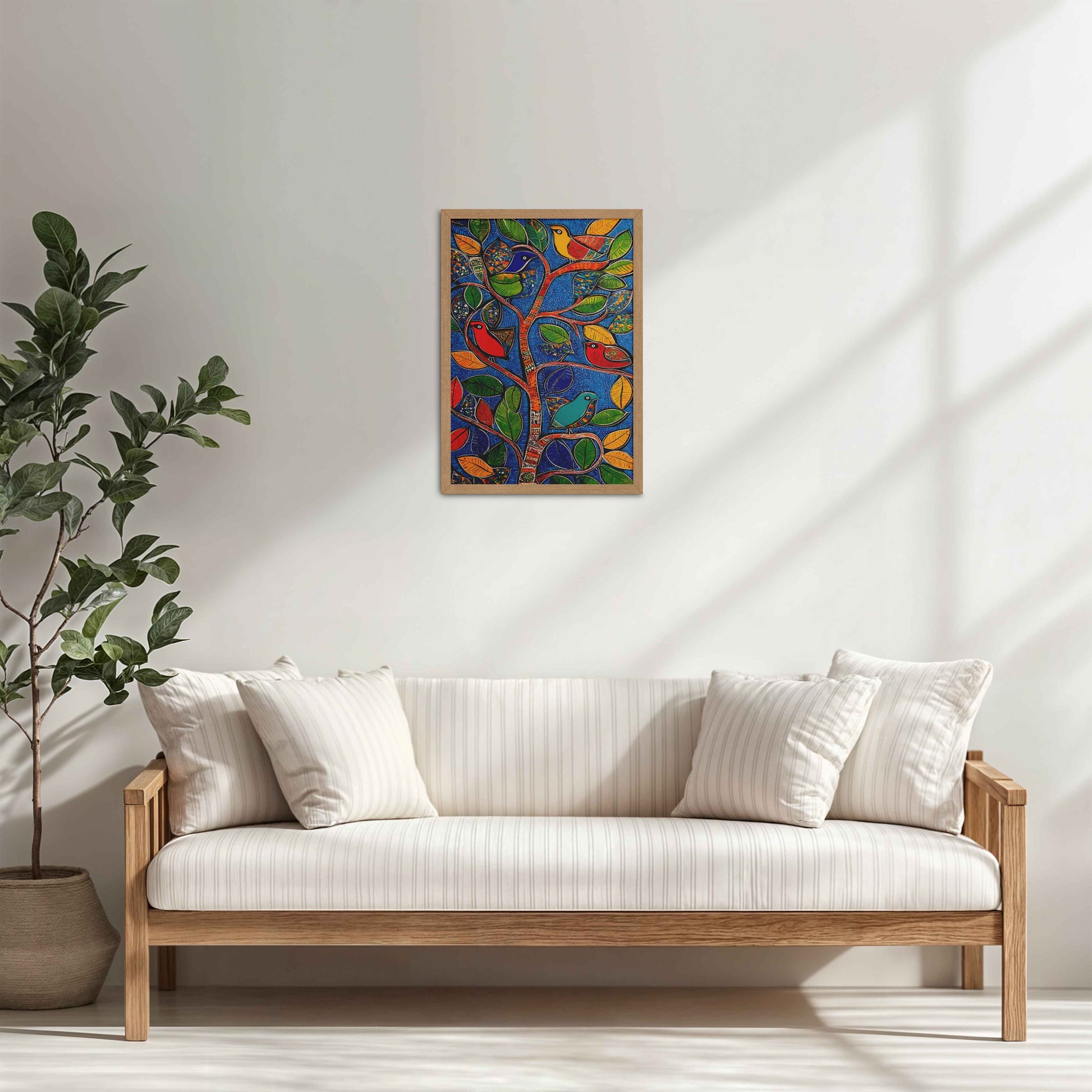 Living Room Cabinet Table Preview of Birds in a Tree – Decorative Madhubani Art Wall Frame in Natrual Color Frame