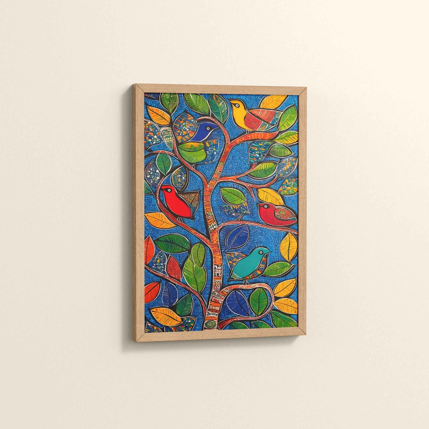 Side View of Birds in a Tree – Decorative Madhubani Art Wall Frame in Natrual Color Frame