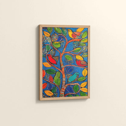 Side View of Birds in a Tree – Decorative Madhubani Art Wall Frame in Natrual Color Frame