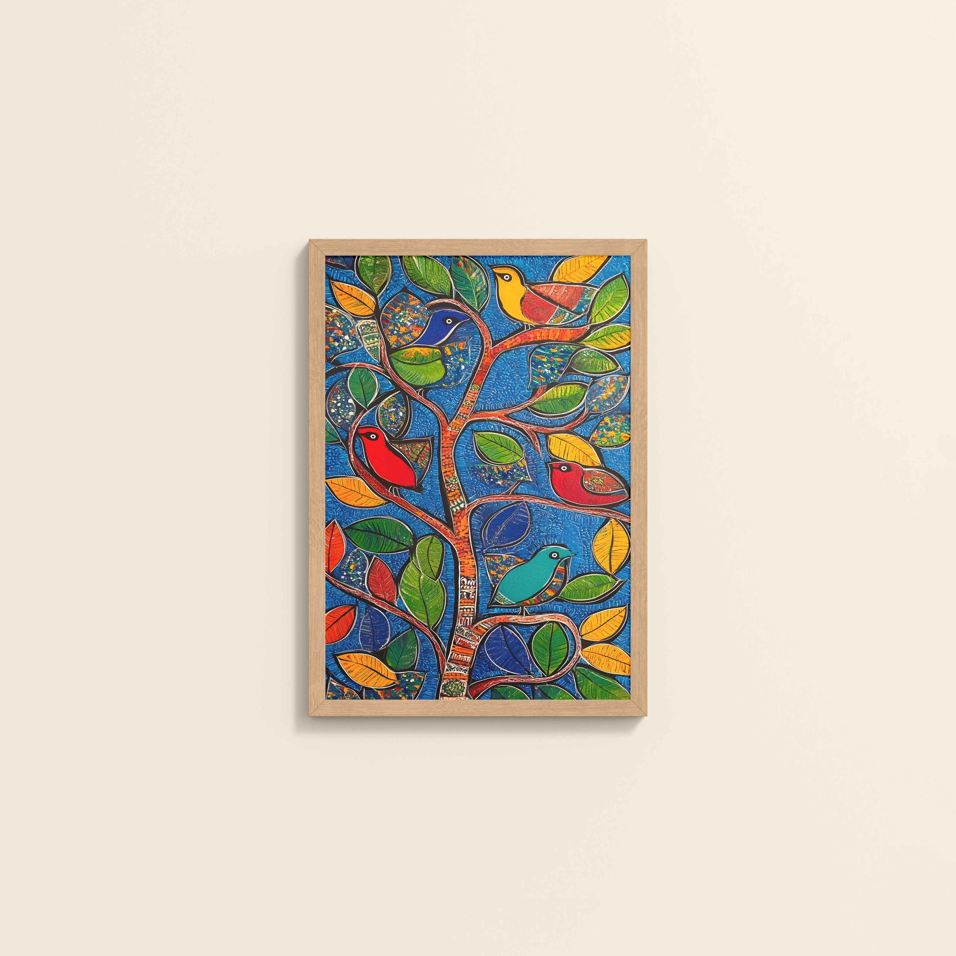 Wall View of Birds in a Tree – Decorative Madhubani Art Wall Frame in Natrual Color Frame
