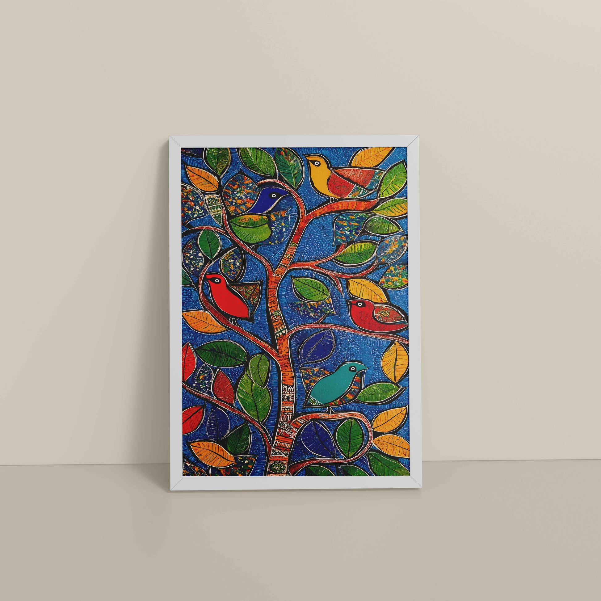 Floor View of Birds in a Tree – Decorative Madhubani Art Wall Frame in White Color Frame