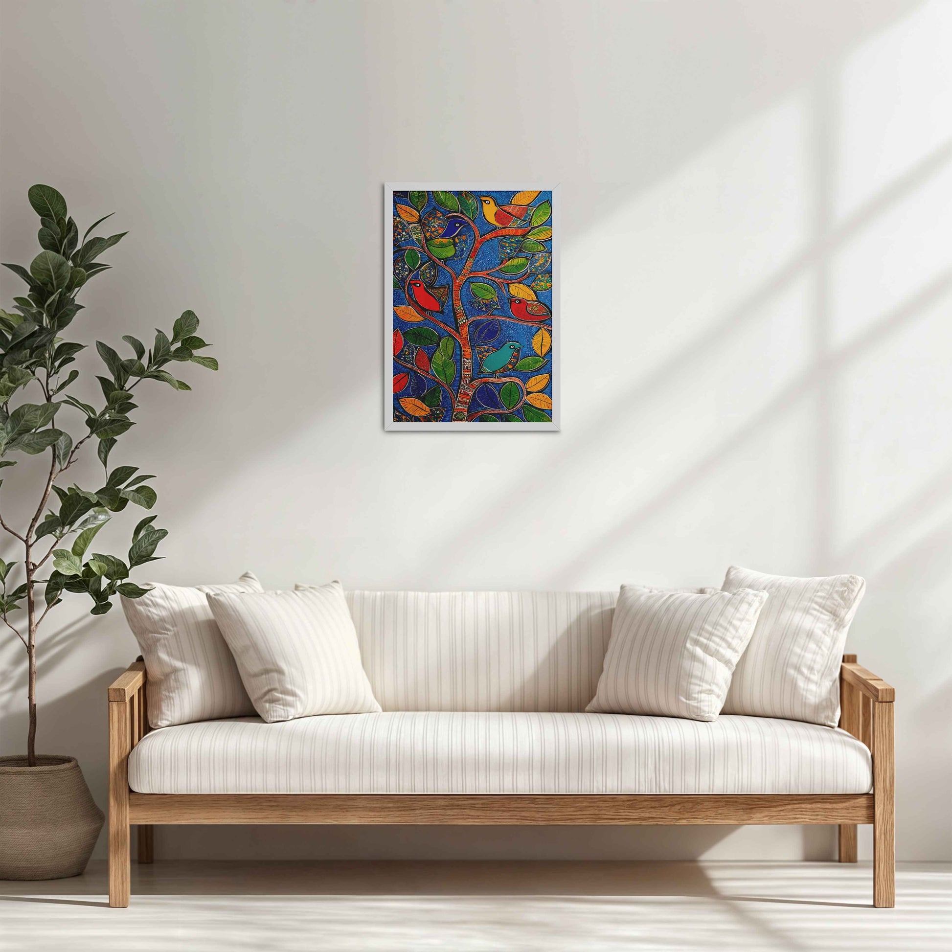 Living Room Cabinet Table Preview of Birds in a Tree – Decorative Madhubani Art Wall Frame in White Color Frame