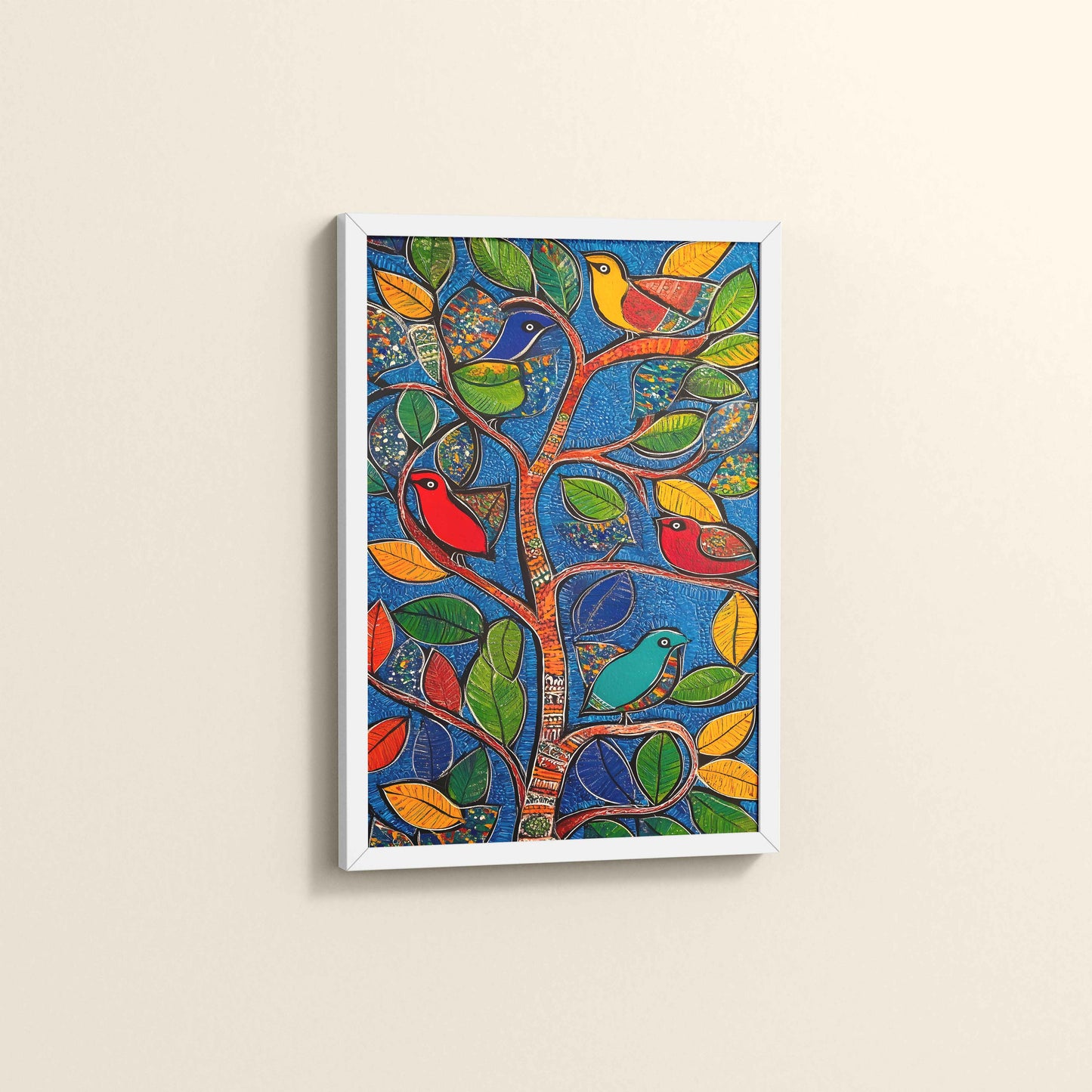 Side View of Birds in a Tree – Decorative Madhubani Art Wall Frame in White Color Frame