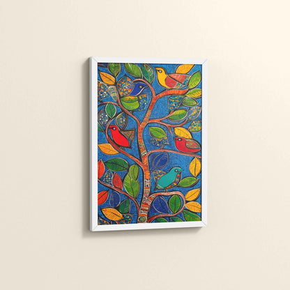 Side View of Birds in a Tree – Decorative Madhubani Art Wall Frame in White Color Frame