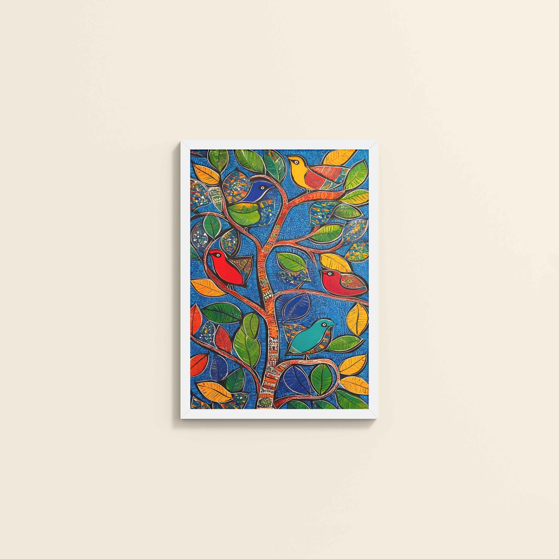 Wall View of Birds in a Tree – Decorative Madhubani Art Wall Frame in White Color Frame