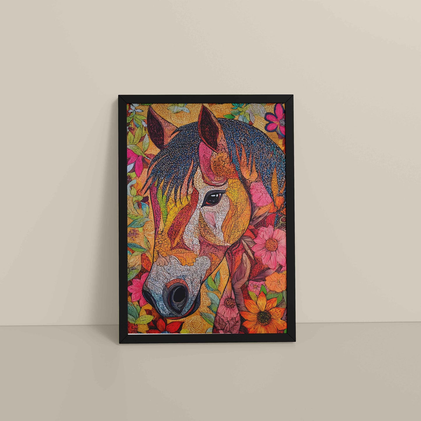Floor View of Majestic Horse – Traditional Madhubani Art Painting in Black Color Frame
