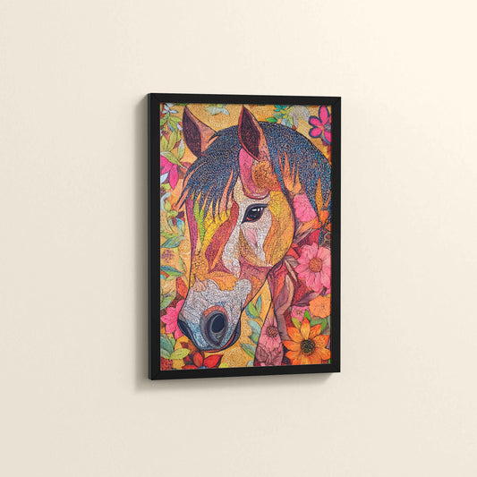 Side View of Majestic Horse – Traditional Madhubani Art Painting in Black Color Frame
