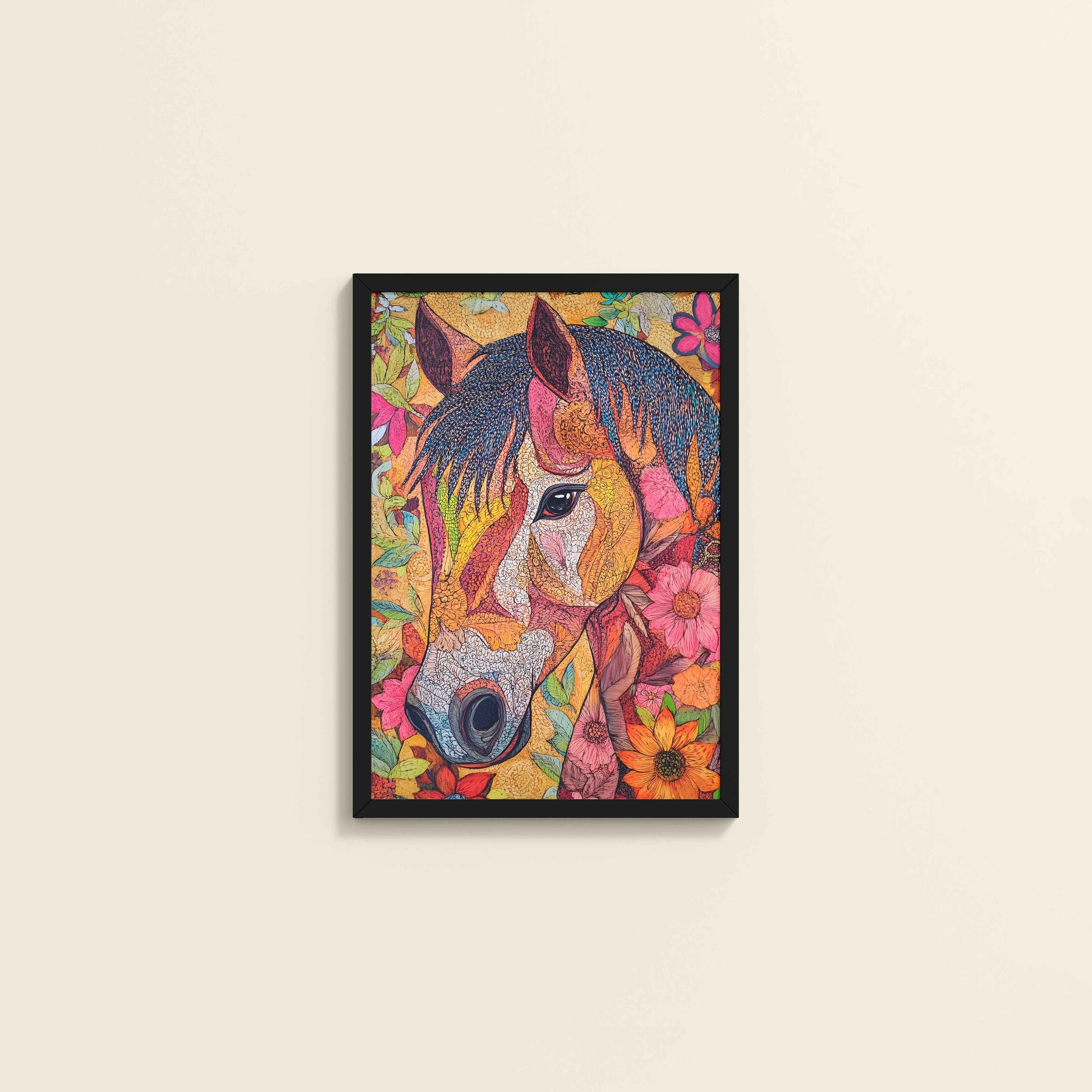 Wall View of Majestic Horse – Traditional Madhubani Art Painting in Black Color Frame