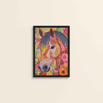 Wall View of Majestic Horse – Traditional Madhubani Art Painting in Black Color Frame