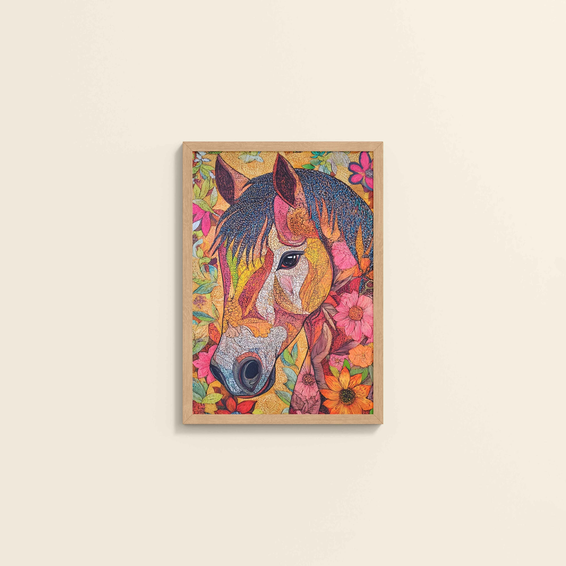 Wall View of Majestic Horse – Traditional Madhubani Art Painting in Natrual Color Frame
