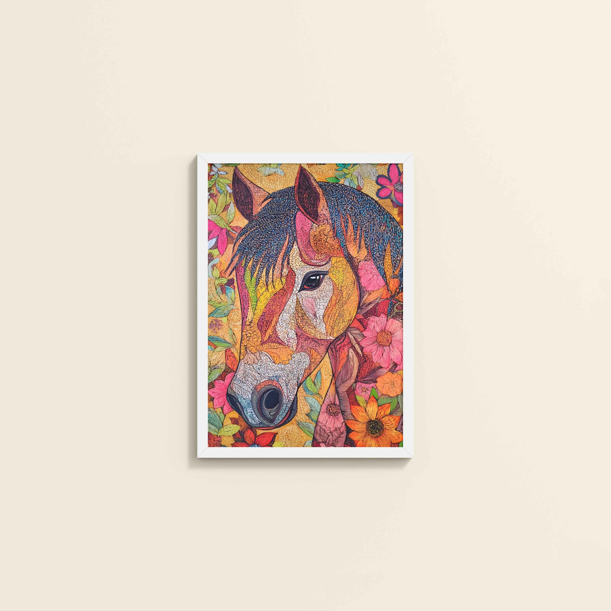 Wall View of Majestic Horse – Traditional Madhubani Art Painting in White Color Frame