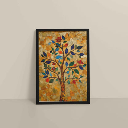 Floor View of Modern Tree Motif – Madhubani Style Wall Painting in Black Color Frame