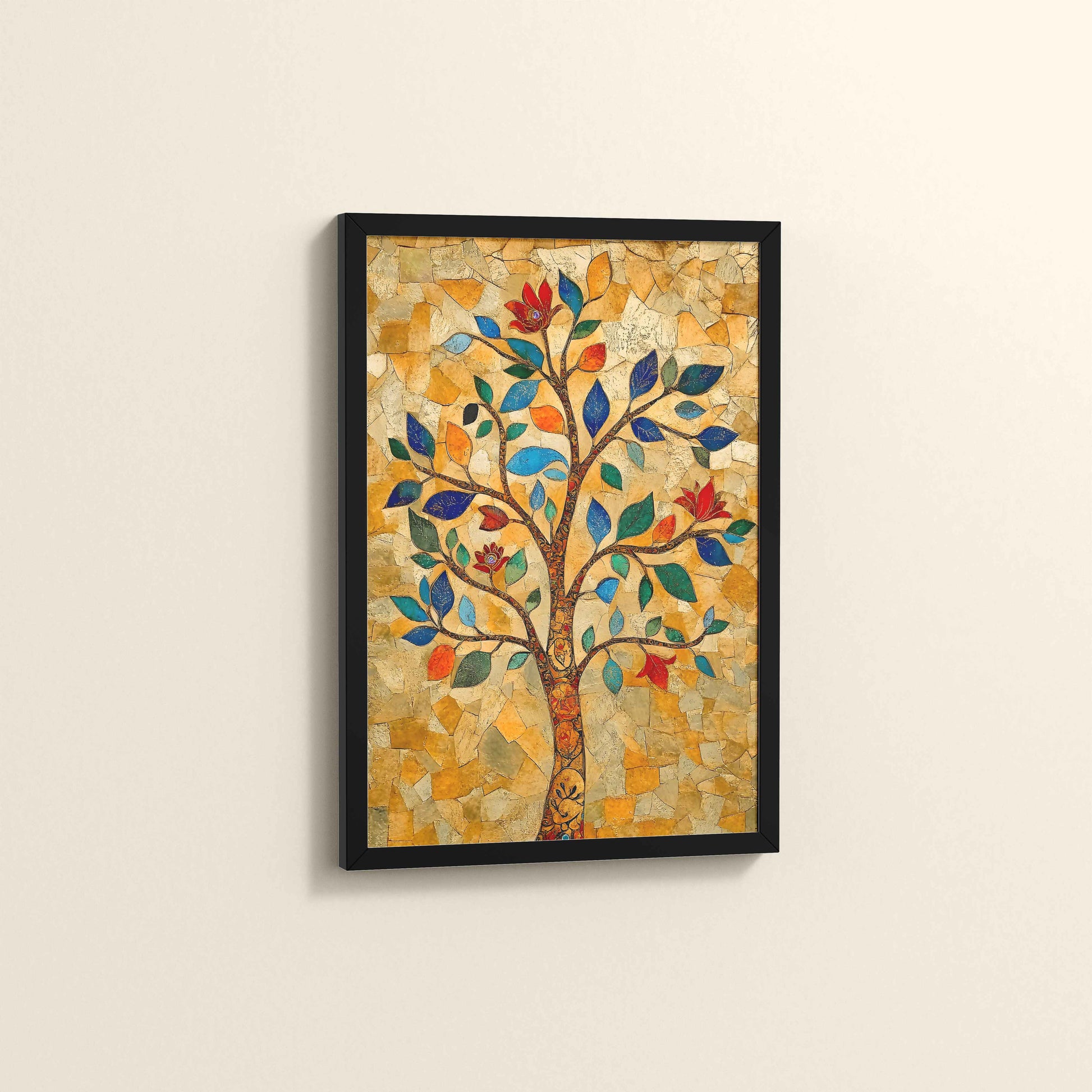 Side View of Modern Tree Motif – Madhubani Style Wall Painting in Black Color Frame