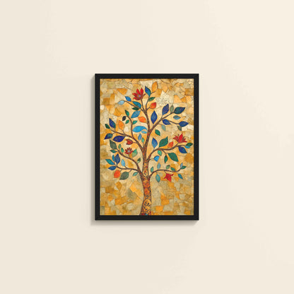 Wall View of Modern Tree Motif – Madhubani Style Wall Painting in Black Color Frame
