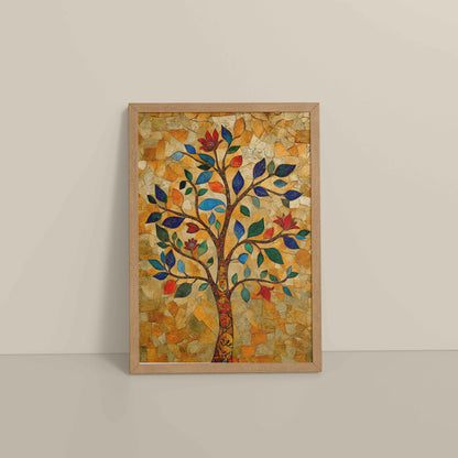 Floor View of Modern Tree Motif – Madhubani Style Wall Painting in Natrual Color Frame