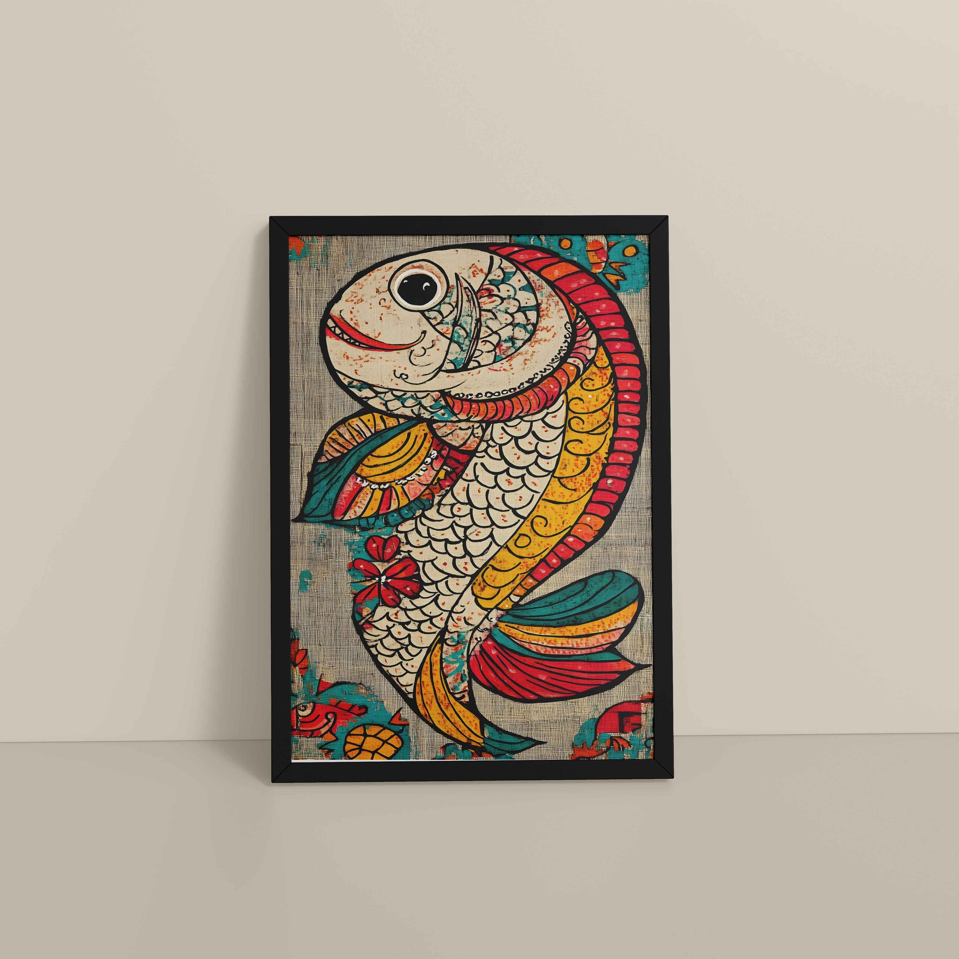 Floor View of Abstract colorful Fish – Traditional Madhubani Wall Art Frame in Black Color Frame