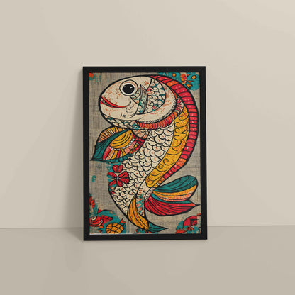 Floor View of Abstract colorful Fish – Traditional Madhubani Wall Art Frame in Black Color Frame