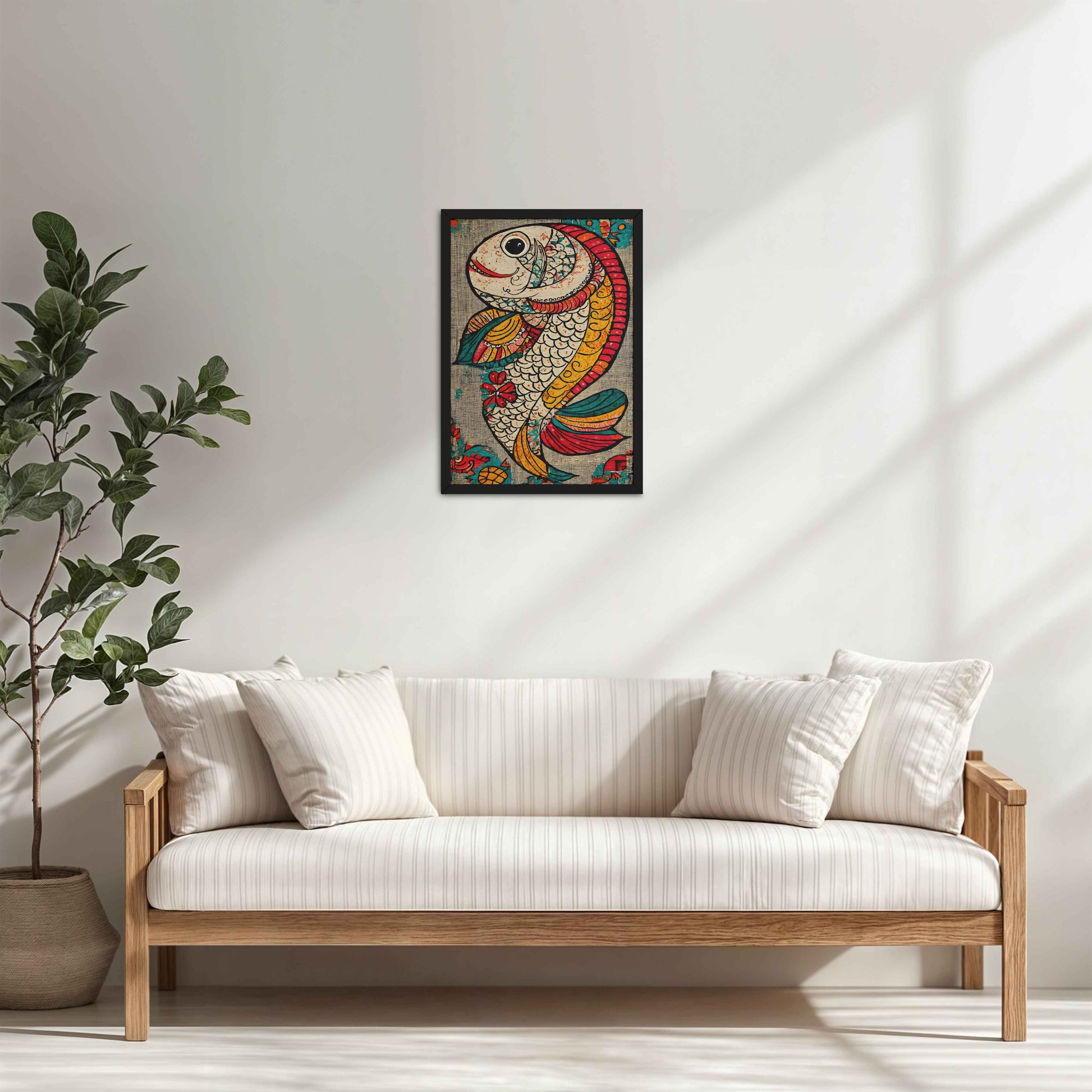 Living Room Cabinet Table Preview of Abstract colorful Fish – Traditional Madhubani Wall Art Frame in Black Color Frame