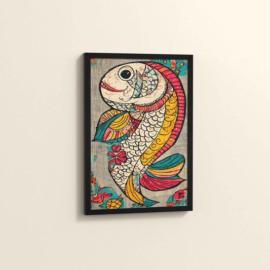 Side View of Abstract colorful Fish – Traditional Madhubani Wall Art Frame in Black Color Frame