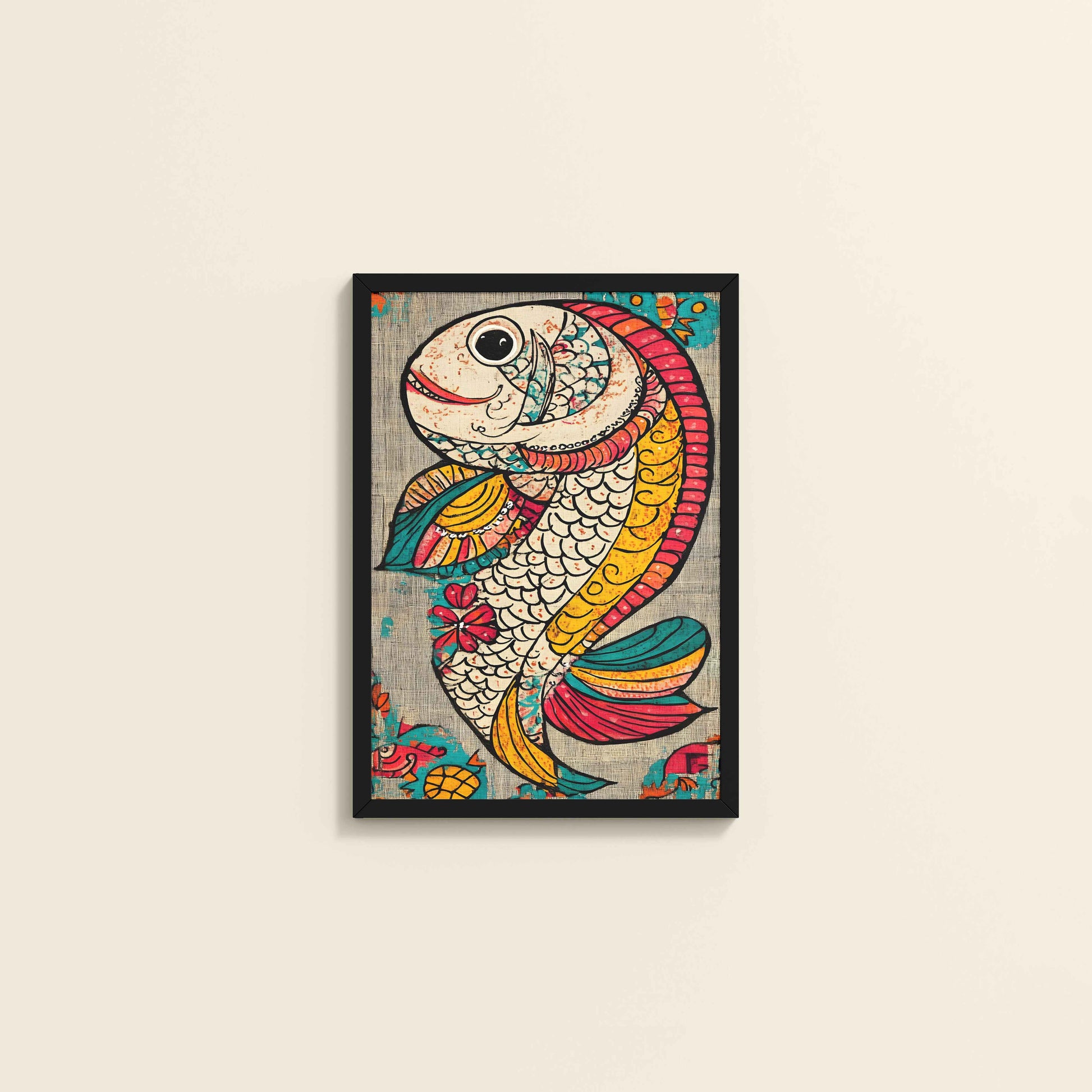 Wall View of Abstract colorful Fish – Traditional Madhubani Wall Art Frame in Black Color Frame