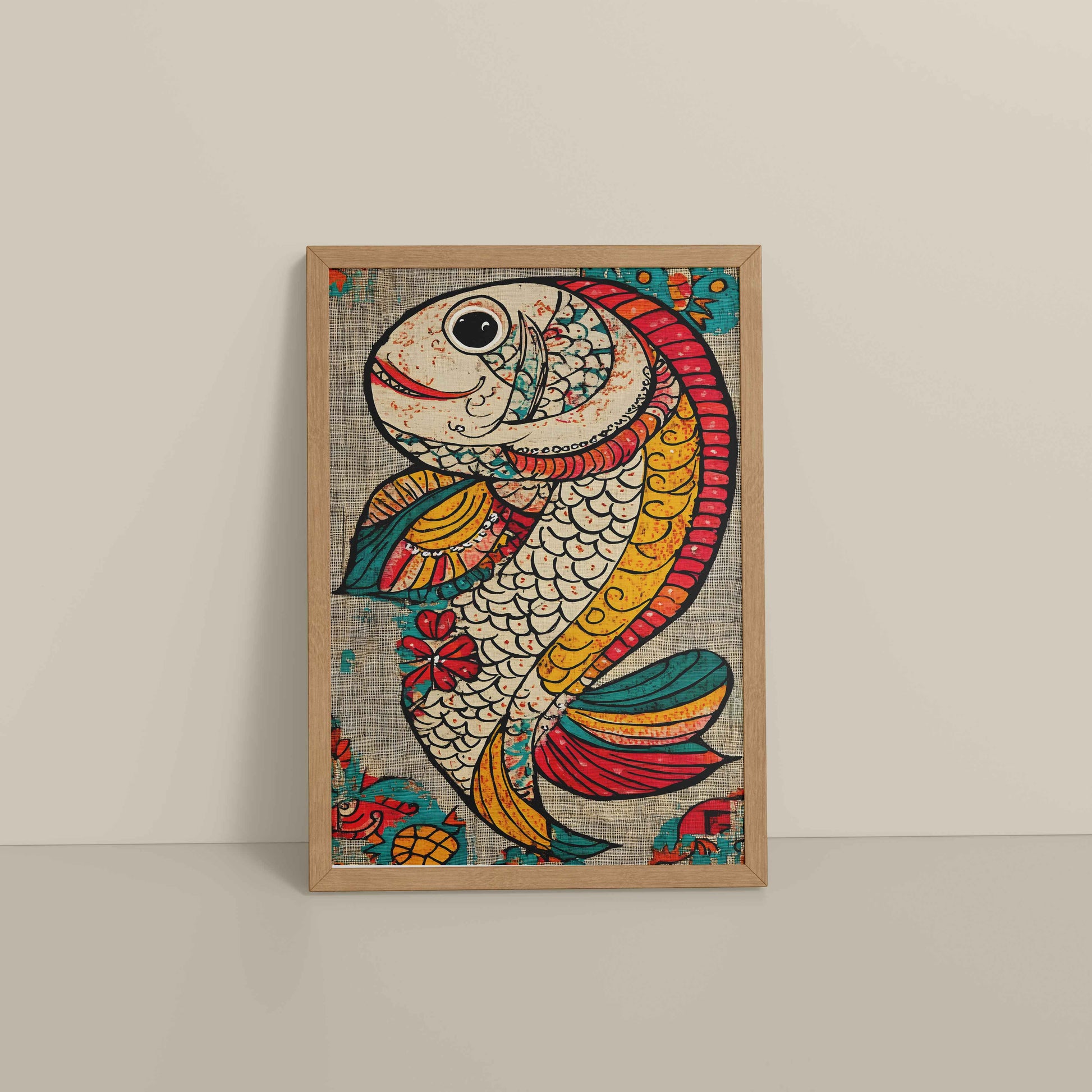 Floor View of Abstract colorful Fish – Traditional Madhubani Wall Art Frame in Natrual Color Frame