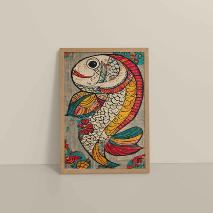 Floor View of Abstract colorful Fish – Traditional Madhubani Wall Art Frame in Natrual Color Frame