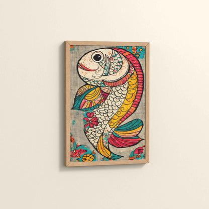 Side View of Abstract colorful Fish – Traditional Madhubani Wall Art Frame in Natrual Color Frame