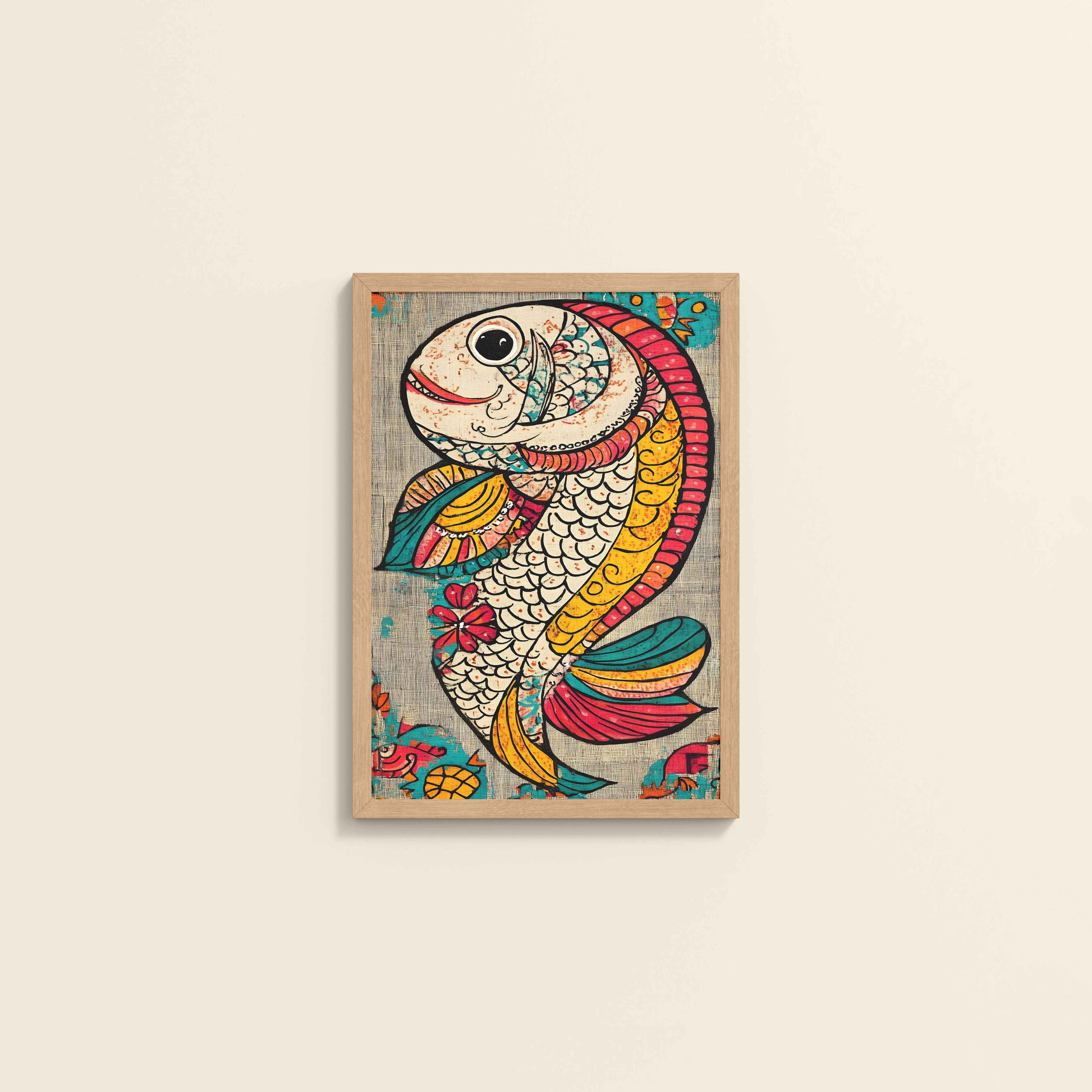 Wall View of Abstract colorful Fish – Traditional Madhubani Wall Art Frame in Natrual Color Frame