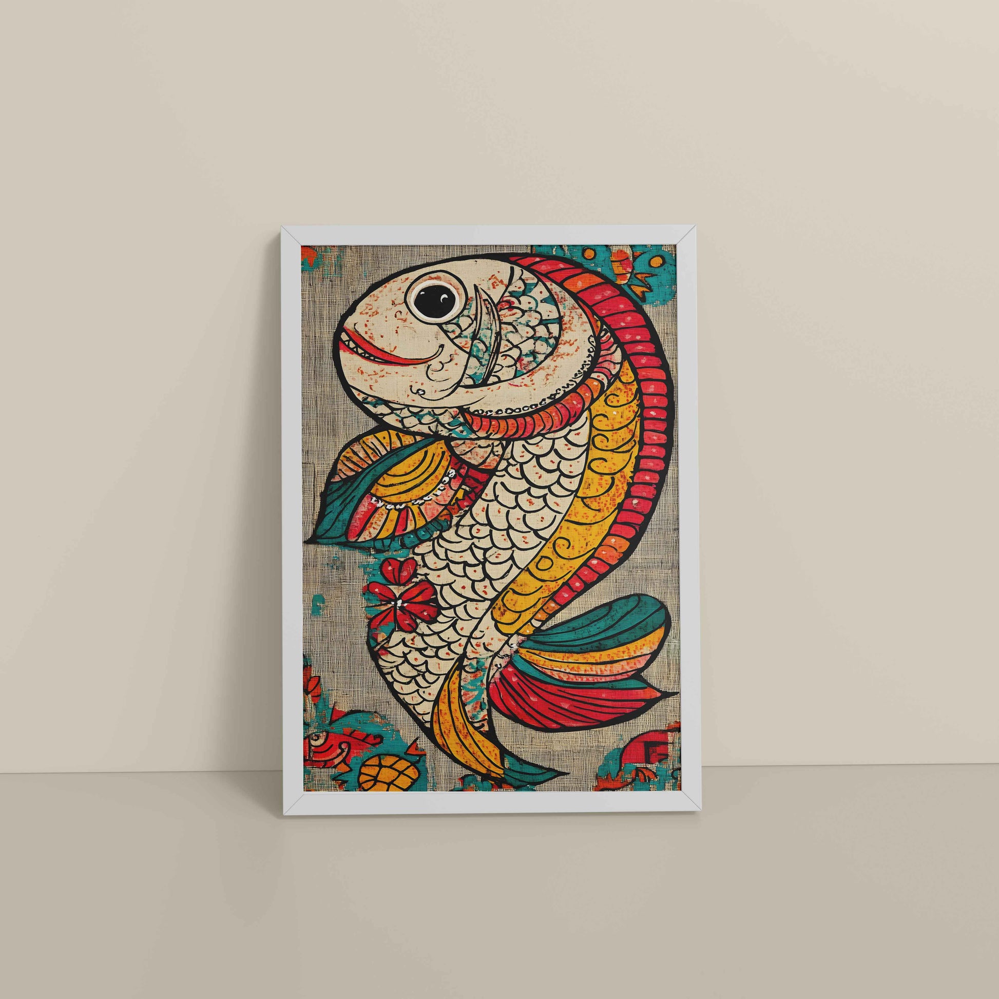 Floor View of Abstract colorful Fish – Traditional Madhubani Wall Art Frame in White Color Frame
