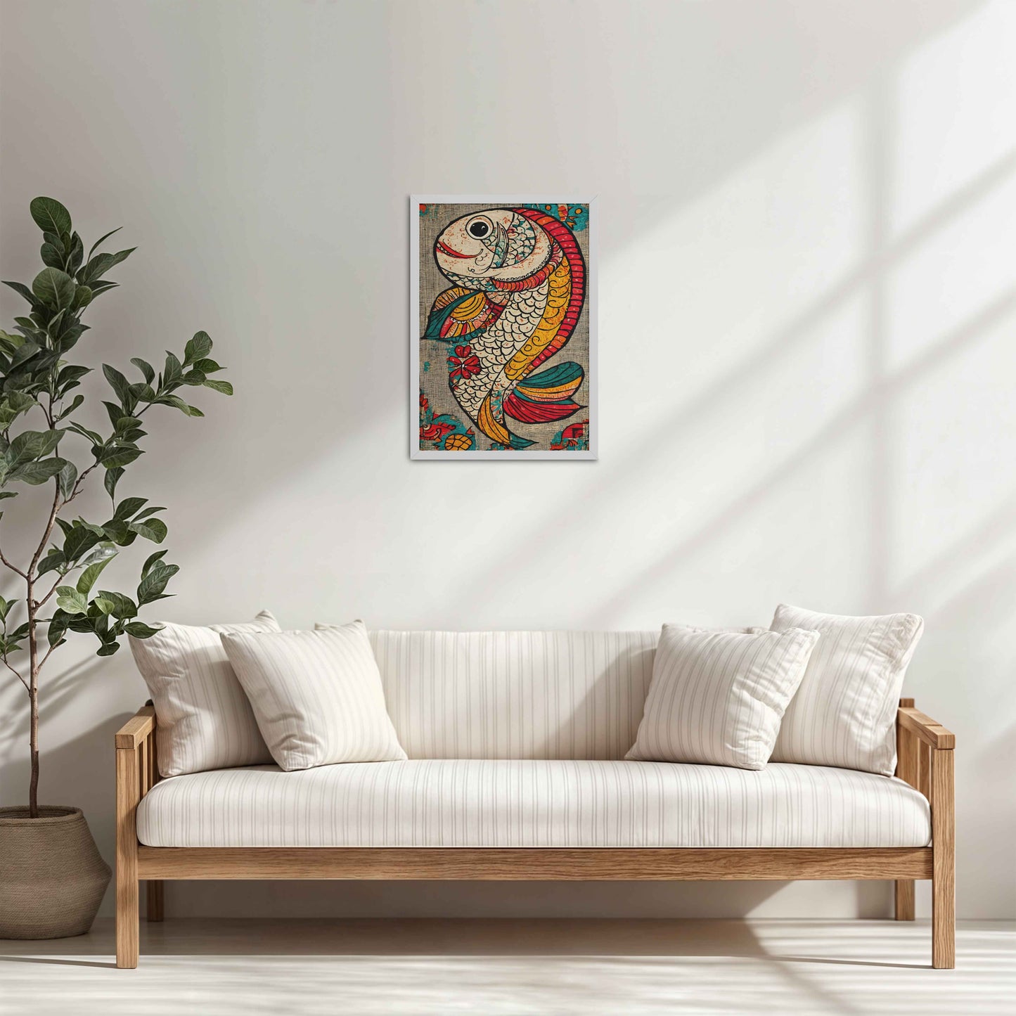 Living Room Cabinet Table Preview of Abstract colorful Fish – Traditional Madhubani Wall Art Frame in White Color Frame