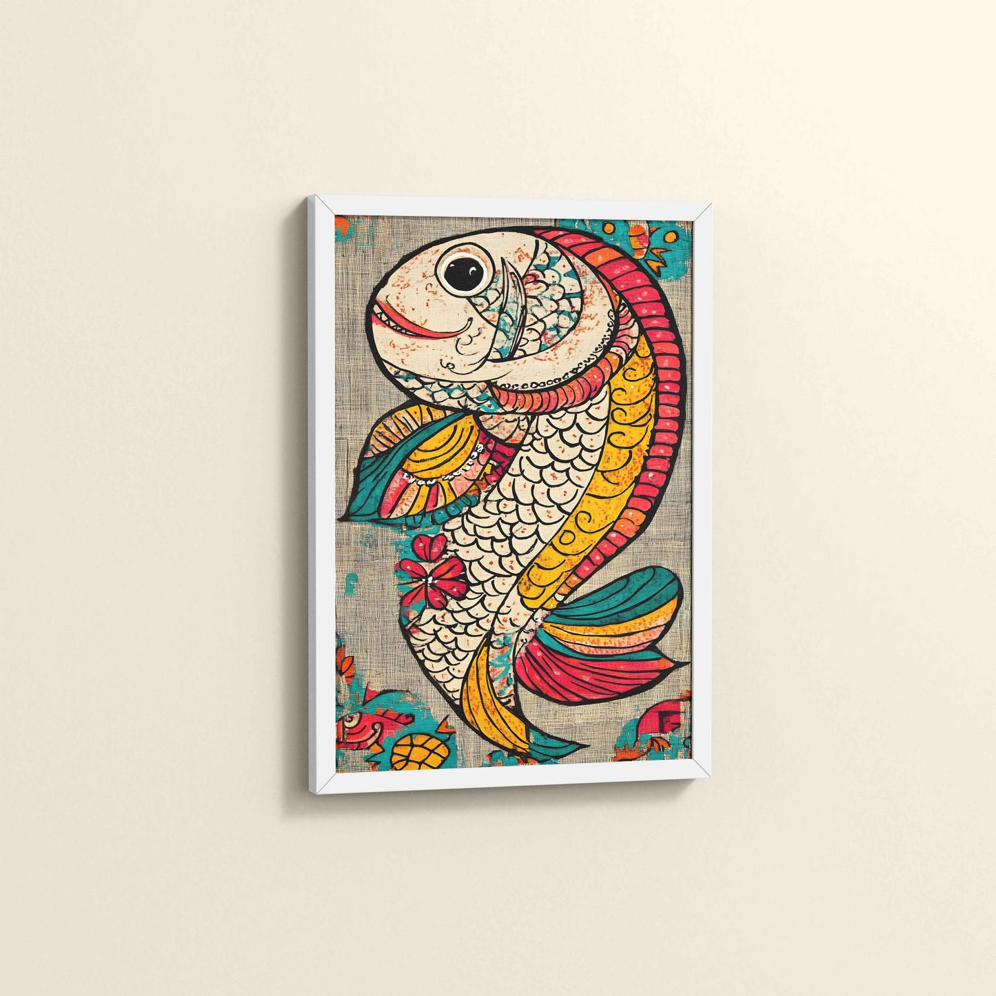 Side View of Abstract colorful Fish – Traditional Madhubani Wall Art Frame in White Color Frame