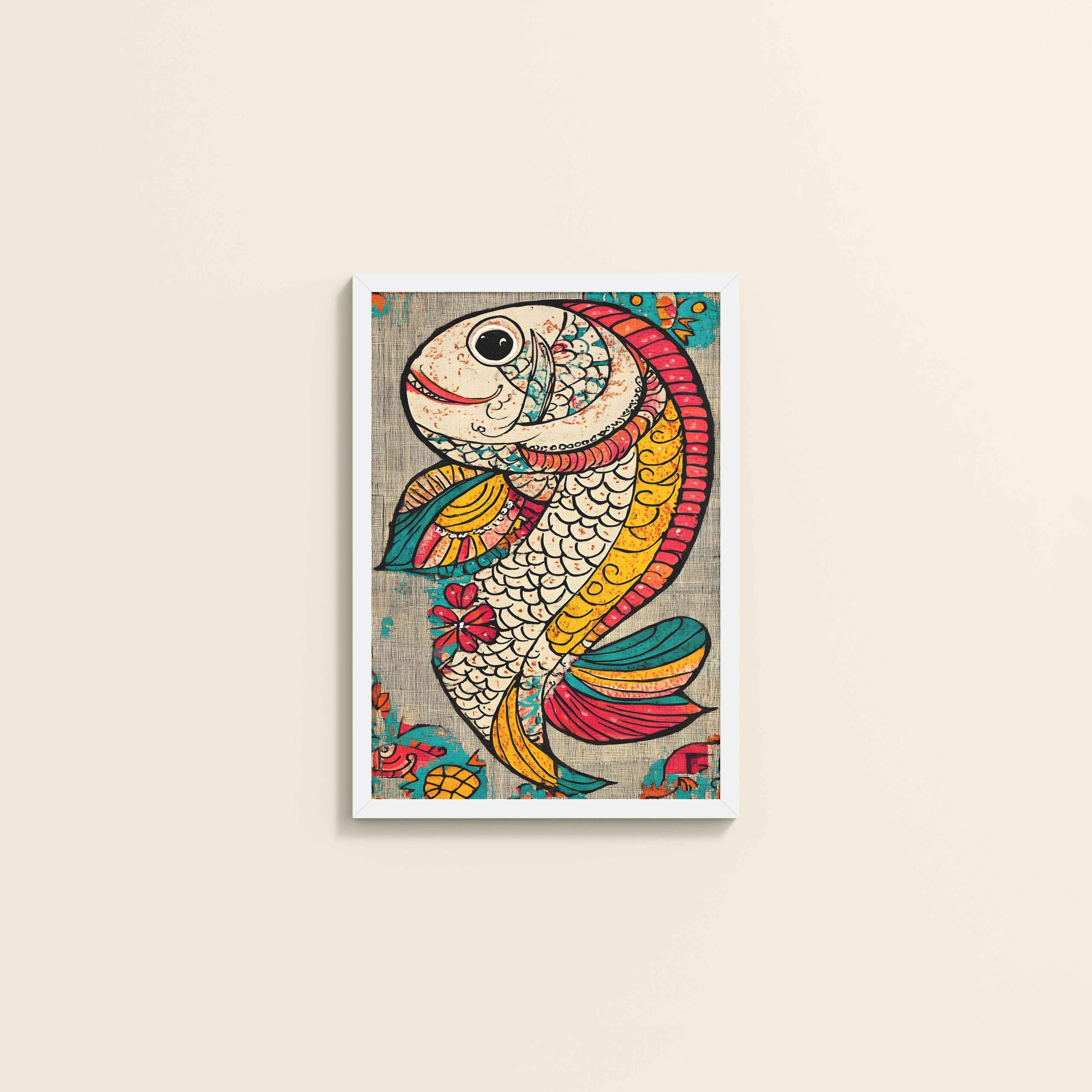 Wall View of Abstract colorful Fish – Traditional Madhubani Wall Art Frame in White Color Frame