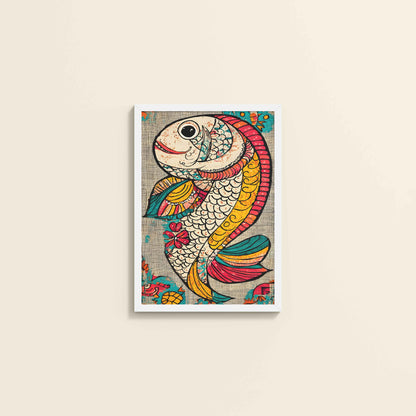 Wall View of Abstract colorful Fish – Traditional Madhubani Wall Art Frame in White Color Frame