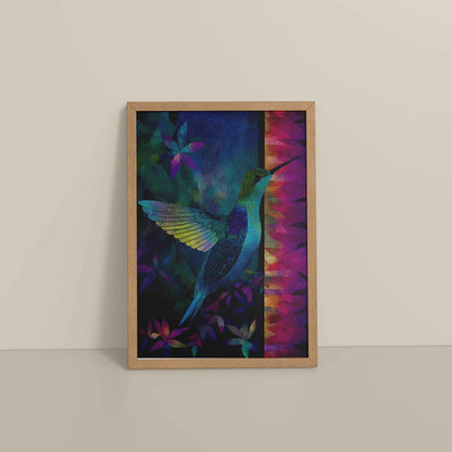 Floor View of Graceful Hummingbird – Traditional Madhubani Wall Art in Natrual Color Frame