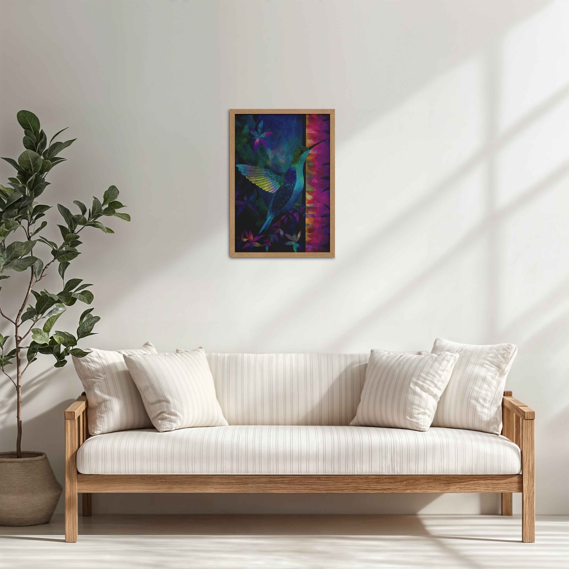 Living Room Cabinet Table Preview of Graceful Hummingbird – Traditional Madhubani Wall Art in Natrual Color Frame