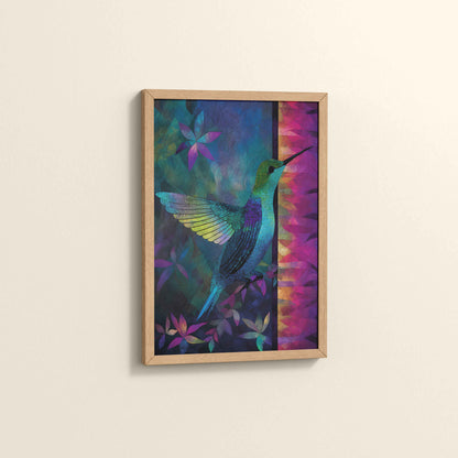 Side View of Graceful Hummingbird – Traditional Madhubani Wall Art in Natrual Color Frame