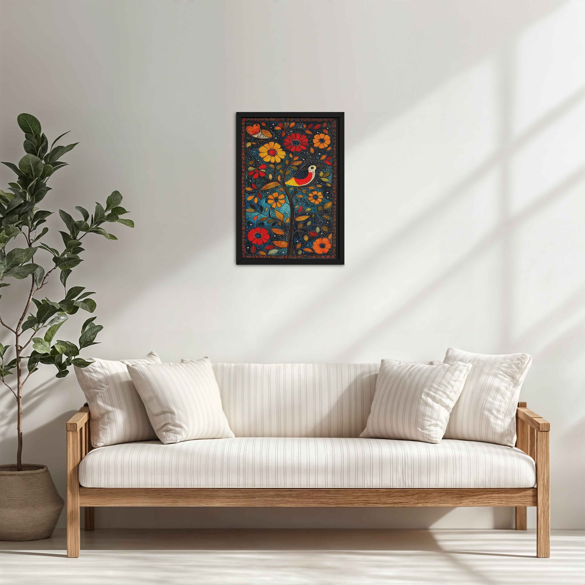 Living Room Cabinet Table Preview of Harmony in Nature – Madhubani Tree & Bird Wall Painting in Black Color Frame