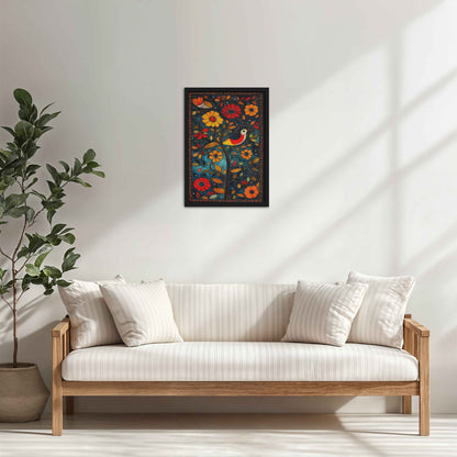Living Room Cabinet Table Preview of Harmony in Nature – Madhubani Tree & Bird Wall Painting in Black Color Frame
