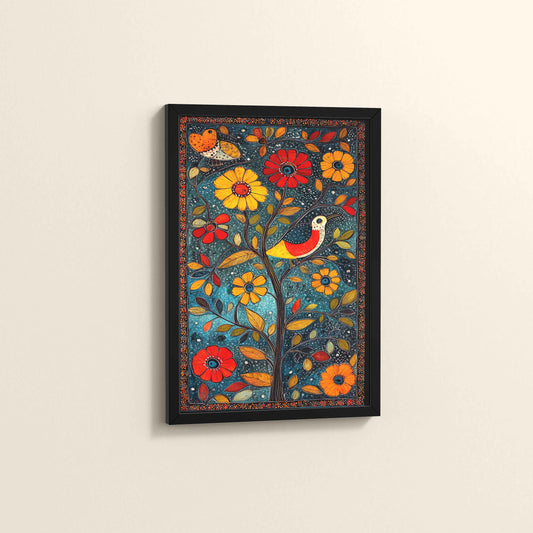 Side View of Harmony in Nature – Madhubani Tree & Bird Wall Painting in Black Color Frame