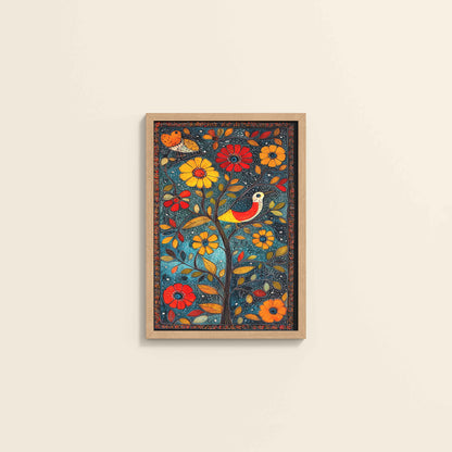 Wall View of Harmony in Nature – Madhubani Tree & Bird Wall Painting in Natrual Color Frame