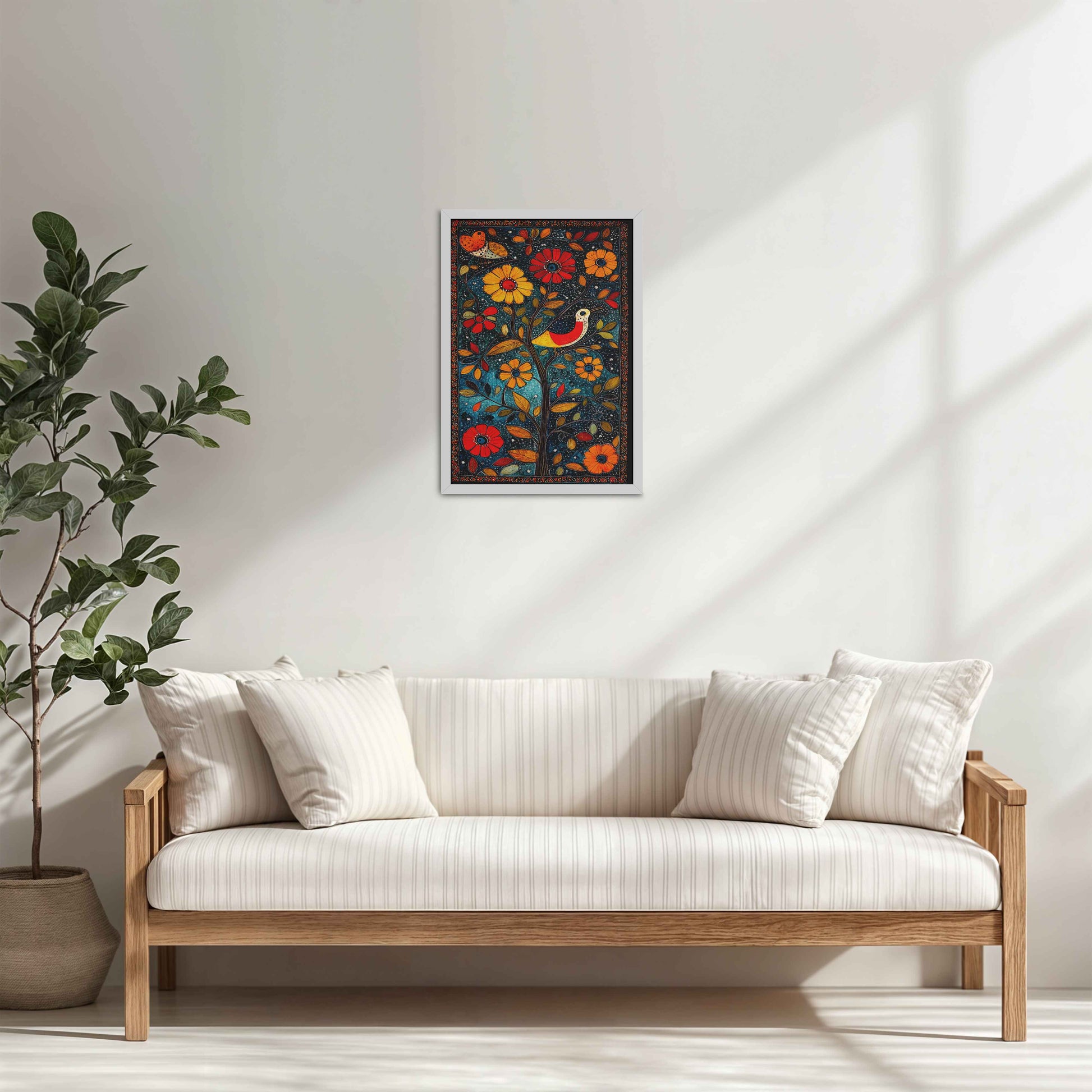 Living Room Cabinet Table Preview of Harmony in Nature – Madhubani Tree & Bird Wall Painting in White Color Frame