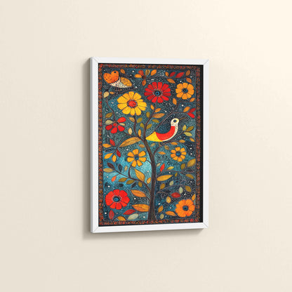 Side View of Harmony in Nature – Madhubani Tree & Bird Wall Painting in White Color Frame