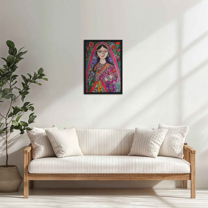Living Room Cabinet Table Preview of Graceful Indian Woman in Saree – Traditional Madhubani Wall Art in Black Color Frame