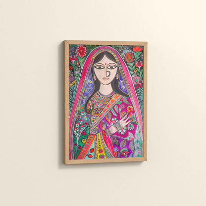 Side View of Graceful Indian Woman in Saree – Traditional Madhubani Wall Art in Natrual Color Frame