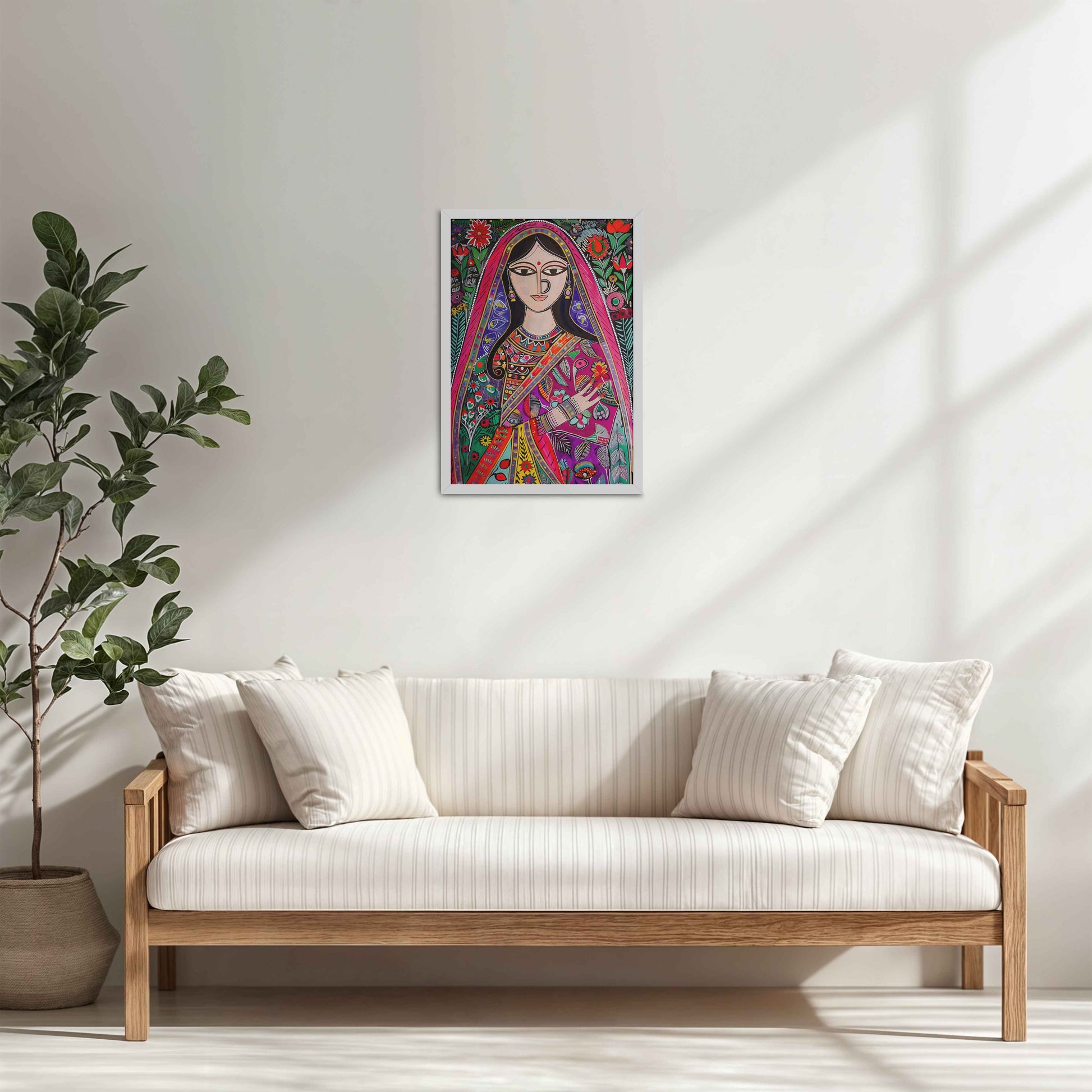 Living Room Cabinet Table Preview of Graceful Indian Woman in Saree – Traditional Madhubani Wall Art in White Color Frame