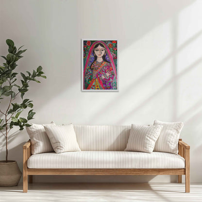 Living Room Cabinet Table Preview of Graceful Indian Woman in Saree – Traditional Madhubani Wall Art in White Color Frame
