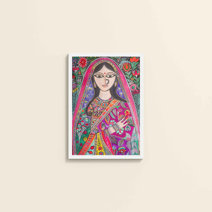 Wall View of Graceful Indian Woman in Saree – Traditional Madhubani Wall Art in White Color Frame